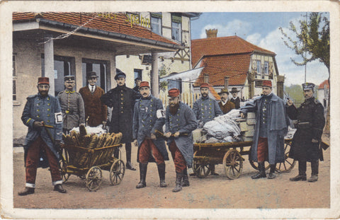 Old military postcard showing French prisoners transporting food. 