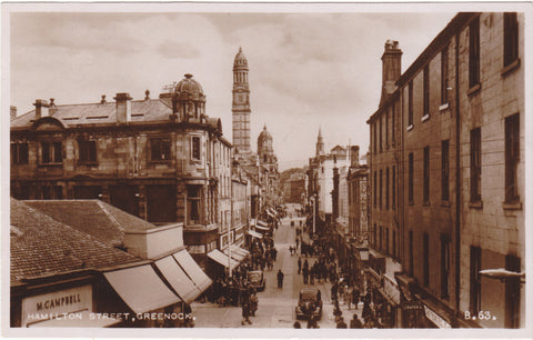 Old real photo street scene postcard of Hamilton Street, Greenock