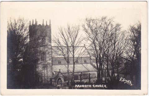 Old real photo postcard of Haworth Church, in Yorkshire