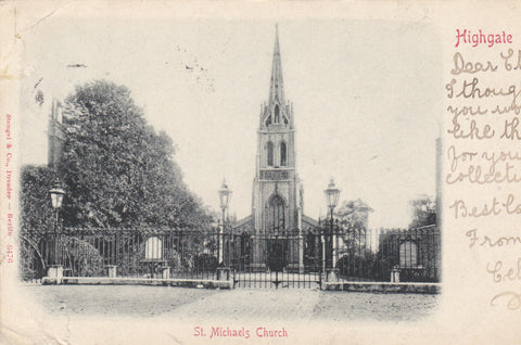 Old postcard of St Michael's Church, Highgate, London, posted 1902