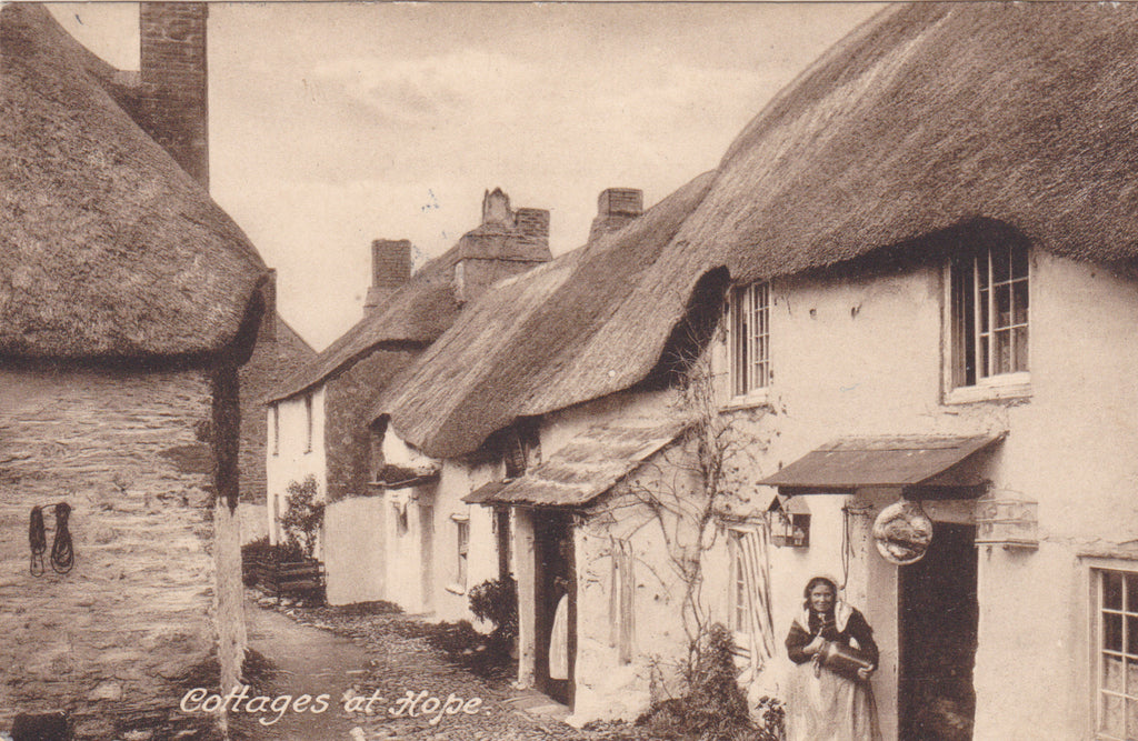 Old postcard of Cottages at Hope, in Devon