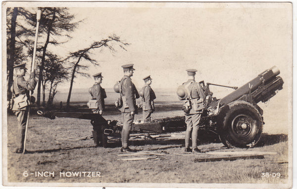 Old real photo postcard of British Army, 6 inch Howitzer in WW2