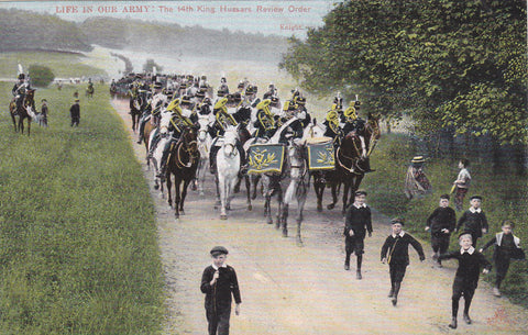 Old military postcard of The 14th King Hussars Review Order