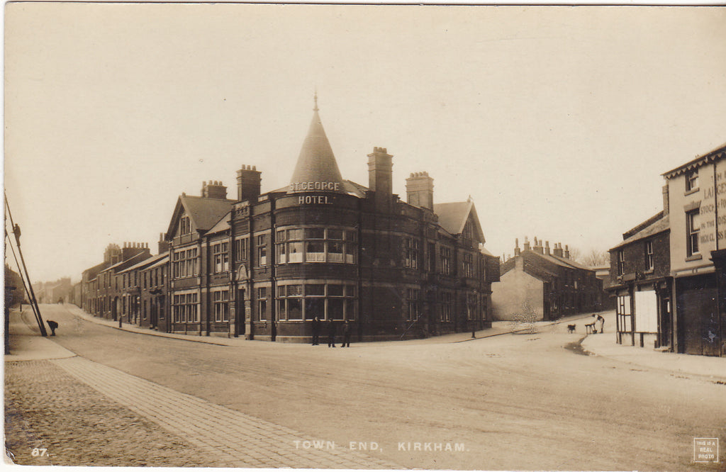 Old real photo postcard of Town End, Kirkham in Lancashire - shows St George Hotel