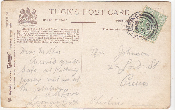 KETTERING LIBERAL CLUB & DALKEITH PLACE - OLD POSTCARD (ref 3319/20/5)