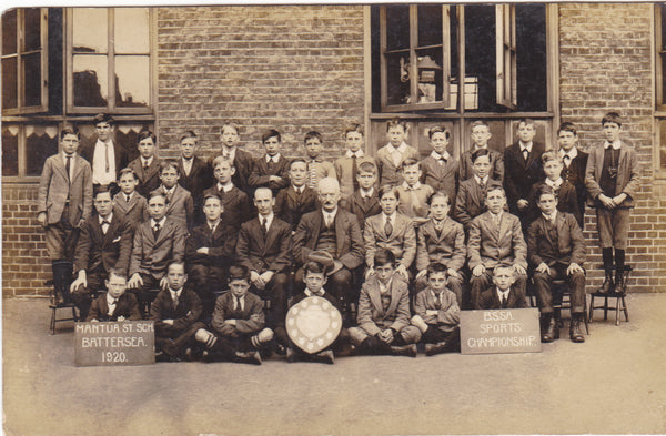 Old real photo postcard of pupils at Mantua St School, Battersea in 1920