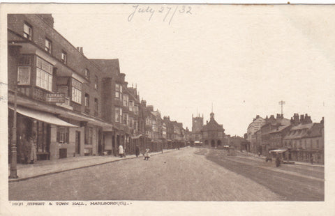 Old postcard of High Street, Marlborough showing the publisher's shop Flux & Co