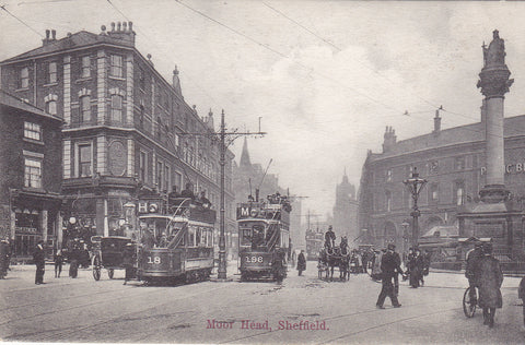 Old postcard of Moor Head Sheffield with trams