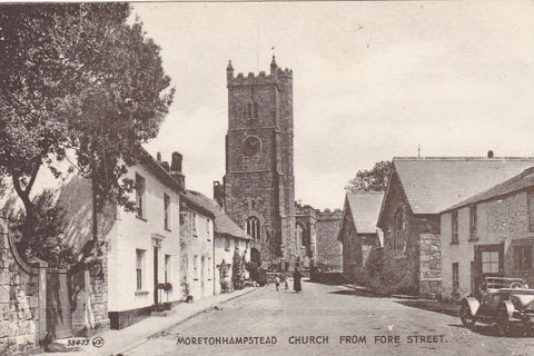 Old postcard of Moretonhampstead Church from Fore Street, Devon
