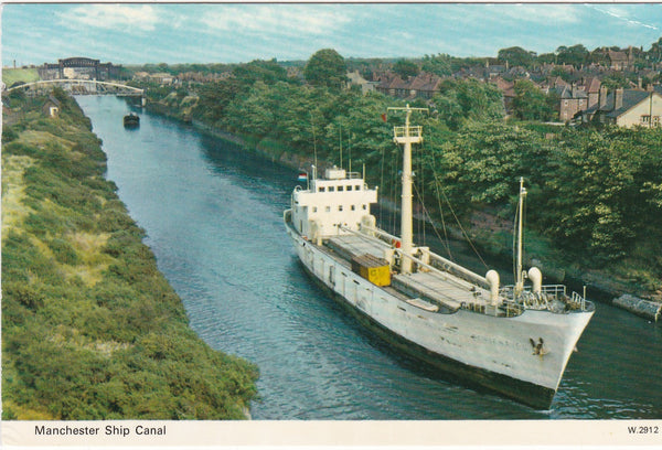 Colour postcard of a ship on the Manchester Ship Canal