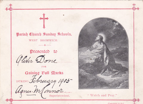 1905 Sunday School certificate presented to Oliver Done , 1905 West Bromwich