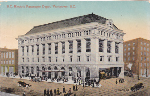 Old postcard of the Electric Passenger Depot, Vancouver, BC