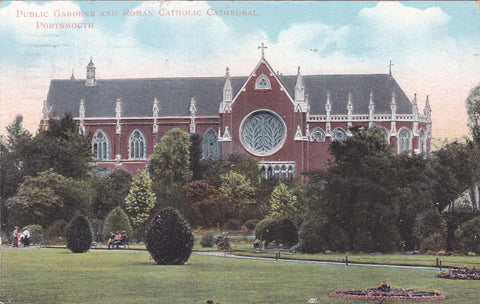 1905 postcard showing Public Gardens & Roman Catholic Cathedral, Portsmouth