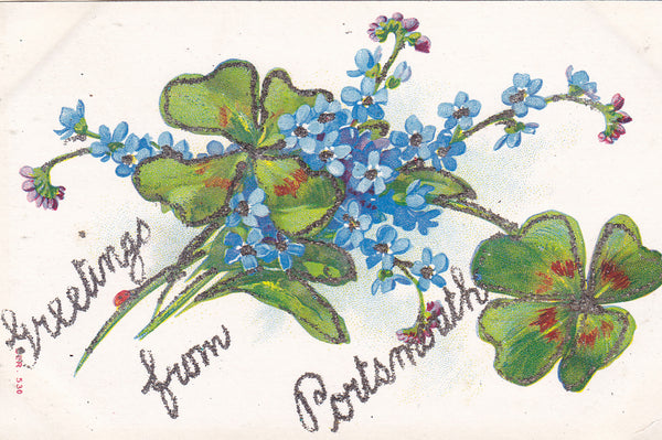 Old glitter postcard sending Greetings from Portsmouth