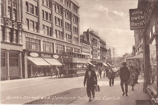 Old postcard of Queen Street and Dominion Buildings, Cardiff