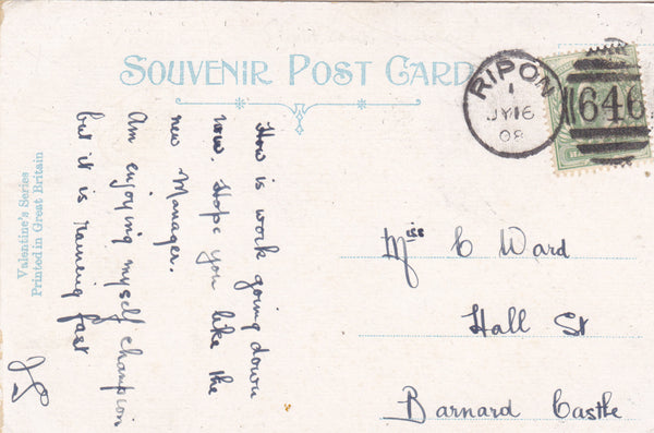 CLOCK TOWER, RIPON - 1908 POSTCARD - DUPLEX POSTMARK (ref 2391/17)