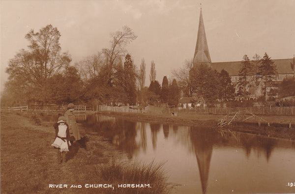 Early 1900s real photo postcard of River and Church, Horsham, Sussex