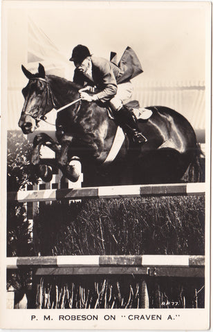 P M ROBESON ON "CRAVEN A" REAL PHOTO SHOW JUMPING POSTCARD