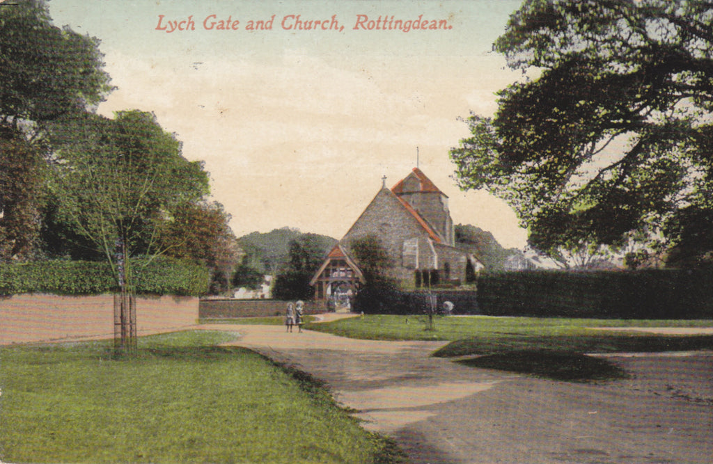 LYCH GATE AND CHURCH, ROTTINGDEAN - 1911 SUSSEX POSTCARD