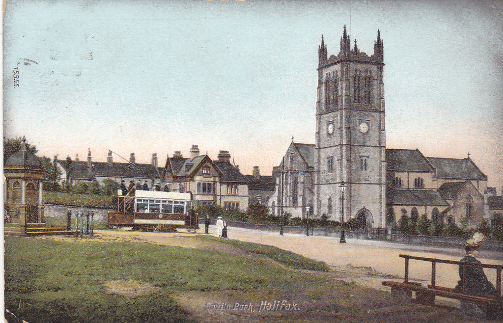 Old postcard of Saville Park, Halifax, showing the church and a tram