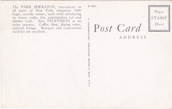 THE PARK SHERATON - OLD NEW YORK POSTCARD (ref 5421)