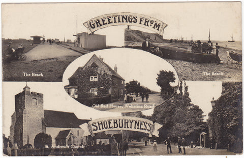 Old real photo multiview postcard of Shoeburyness in Essex