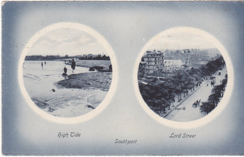 Old postcard of Southport, showing Lord Street and High Tide