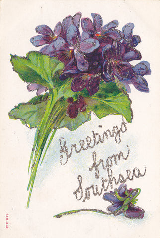 Old glitter postcard saying Greetings from Southsea