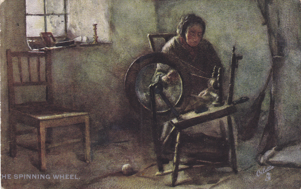 Old postcard showing a lady with her spinning wheel, Scotland