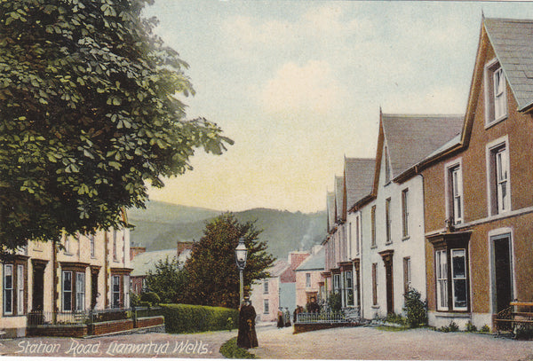 Old postcard of Station Road, Llanwrtyd Wells in Breconshire, Wales