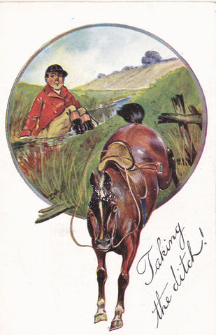 Old postcard, hunting related with humour, entitled Taking the Ditch