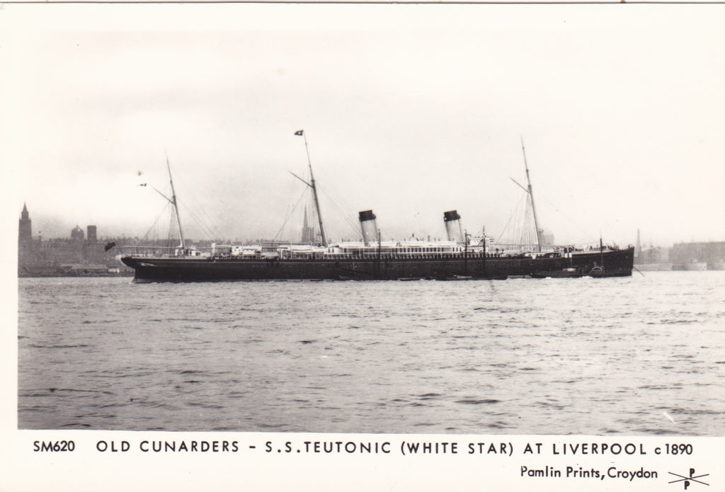 OLD CUNARDERS - SS TEUTONIC (WHITE STAR) AT LIVERPOOL c1890 - REPRODUCTION POSTCARD 