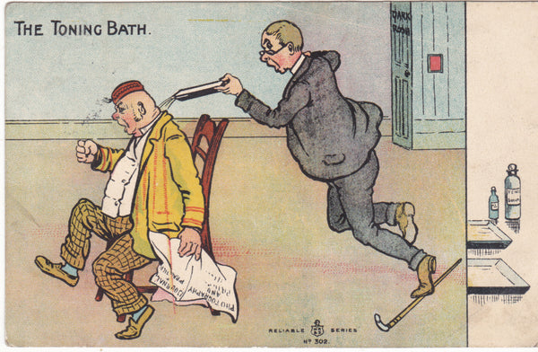 The Toning Bath, old comic postcard
