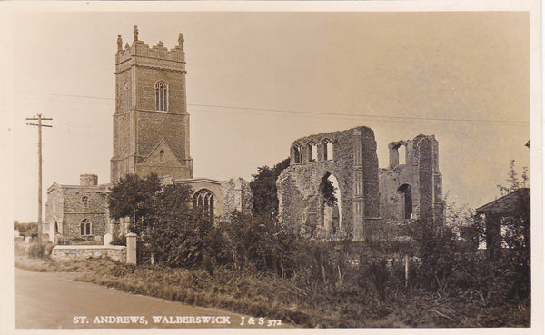 Old real photo postcard of St Andrew's Church, Walberswick in Suffolk