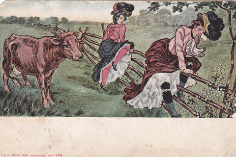 Two ladies escaping a cow - early 1900s vintage comic postcard