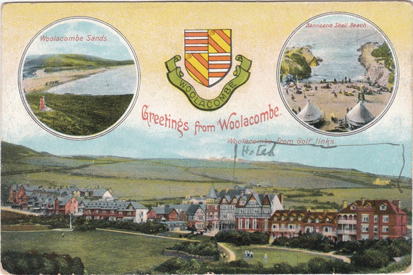 GREETINGS FROM WOOLACOMBE - EARLY 1900s HERALDIC POSTCARD 